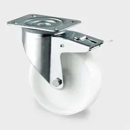 Zwenkwiel met rem 100mm kunststof wit plaat 200 kg rollager