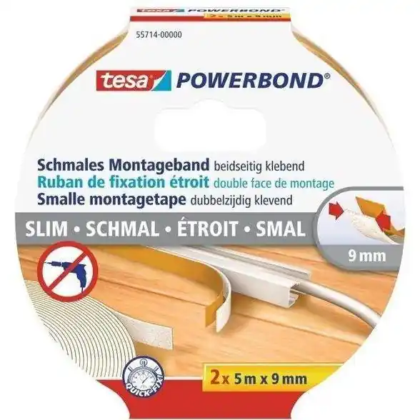 Tesa Powerbond montagetape smal 9 mm x 5 meter 2 stuks