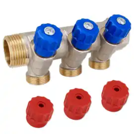 Sanitair Verdeler 3 Groeps Afsluitbaar B/R 1"Bi/Bu. Aftap 3/4"Bu.