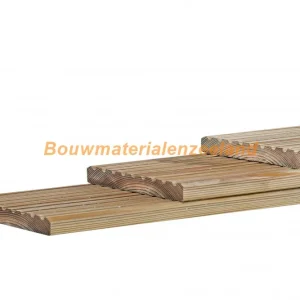 Grenen geprofileerd dekdeel 2,8x14,5x500 cm, 1 zijde grof profiel, 1 zijde glad, groen ge?mpregneerd