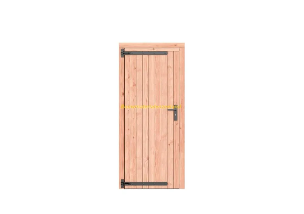 Douglas dichte enkele deur 90x201 cm, linksraaiend, zwarte hengen, zwart beslag onbehandeld.