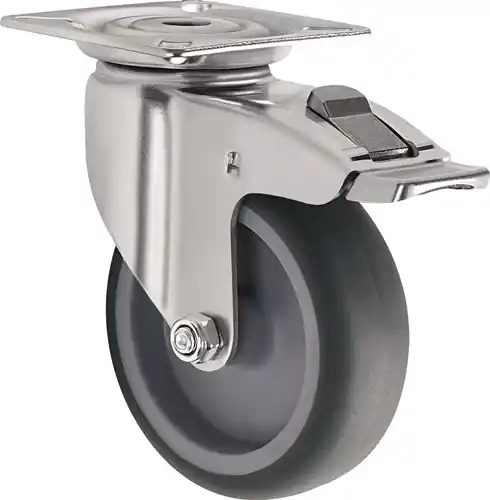 ZWENKWIEL MET TOTAALKLEM WIEL D. 100MM DRAAGVERMOGEN 100KG MET SCHROEFPLAAT GL