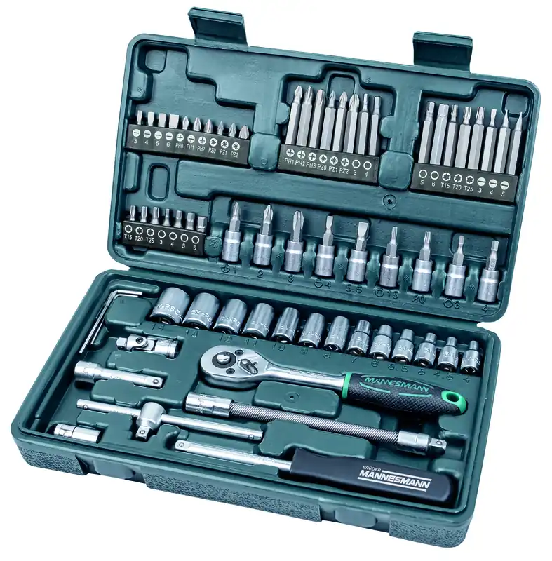 DOPPENDOOS 65 DLG 1/4 ", SET MET RATELSLEUTEL, TOEBEHOREN BITS EN DOPS