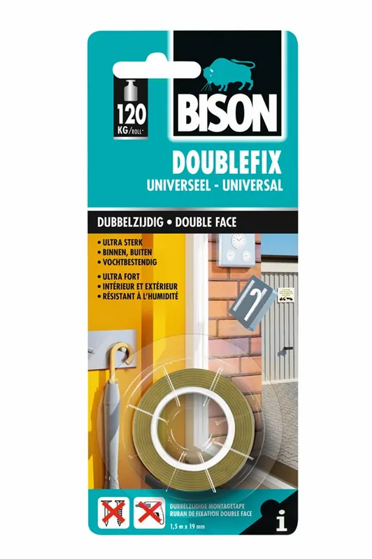 BISON DOUBLEFIX UNIVERSEEL TAPE KAART 1,5 M X 19 MM NL/FR