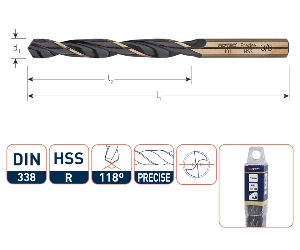 HSS-R SPIRAALBOOR, DIN 338, TYPE PRECISE, ø11/64"