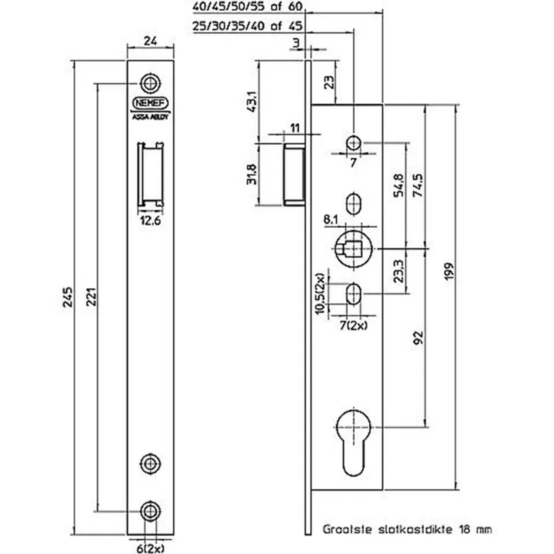 9635/07-45 CILINDERLOOPSLOT, DM45MM, PC92MM, KRUKGAT 8MM, VOORPLAAT RV