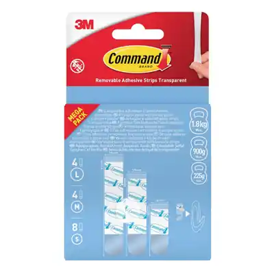 1075982 - COMMAND KLEEFSTRIPS SET 16ST 8S + 4M + 4L DOORZICHTG VERWIJDRBR