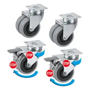 Set 4st meubelwielen rubber met plaatbevestiging 60mm tot max 250kg/set