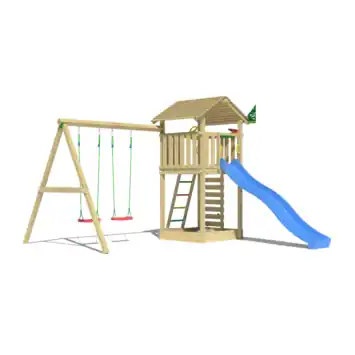 Speeltoestel Jungle Gym Cottage grenen geïmpregneerd met glijbaan blauw en 2-schommel module