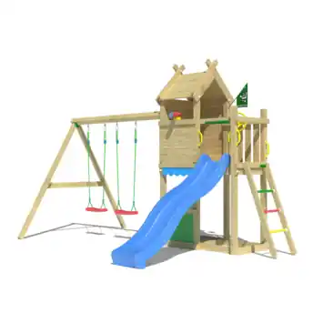 Speeltoestel Jungle Gym Resort grenen geïmpregneerd met glijbaan blauw en 2-schommel module
