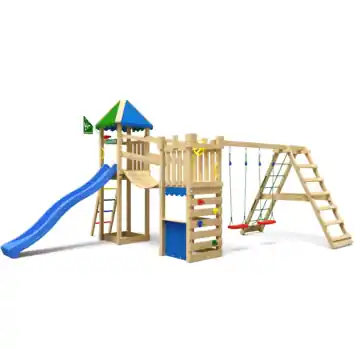 Speeltoestel Jungle Gym Explorer grenen geïmpregneerd met glijbaan blauw en 2-klimrek module
