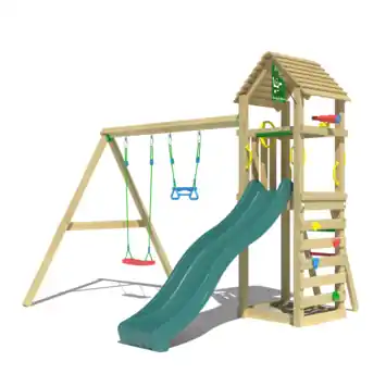 Speeltoestel Jungle Gym Cocoon grenen geïmpregneerd met glijbaan donker groen en 2-schommel module