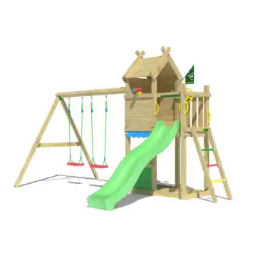 Speeltoestel Jungle Gym Resort met groene glijbaan en dubbele schommel van grenenhout