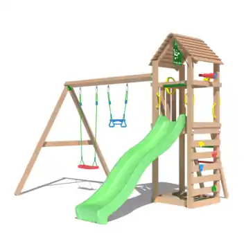 Speeltoestel Jungle Gym Cocoon met groene glijbaan en dubbele schommel van douglashout